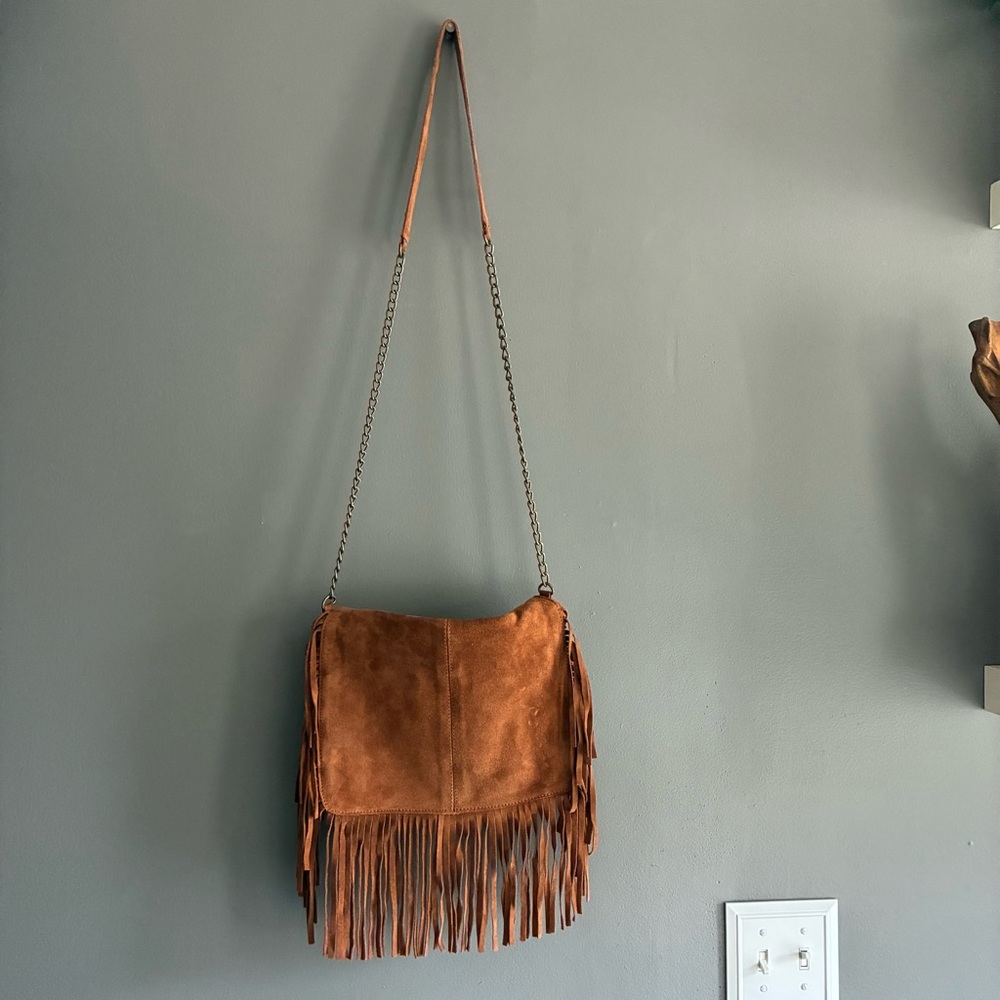 Brown Suede Fringed Crossbody Bag